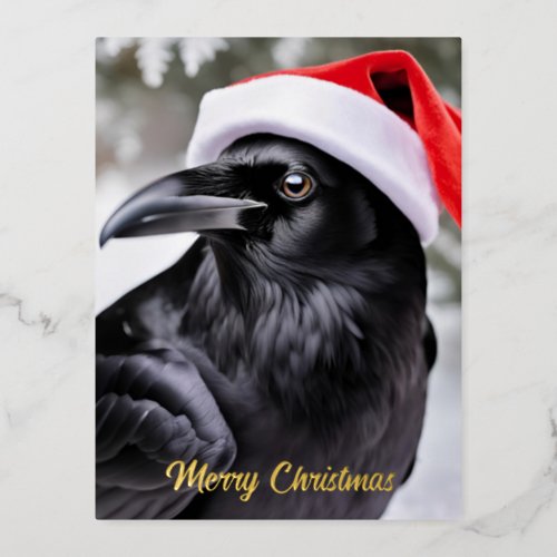 Raven in a Santa Hat Christmas Foil Holiday Postcard