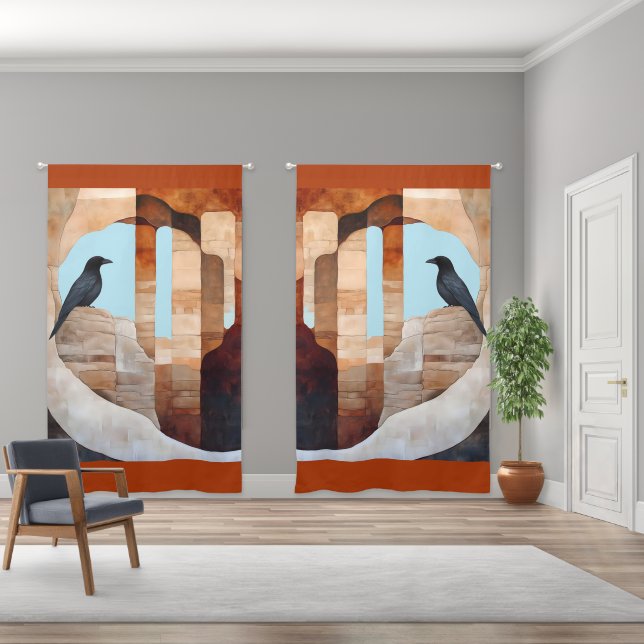 Raven in Ancient Ruins Southwestern Art Blackout Curtains (Wide)