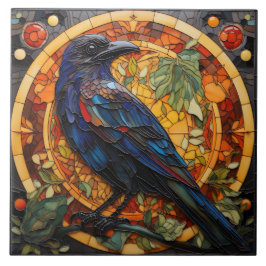 Raven in Autumn, Stained Glass Window Ceramic Tile