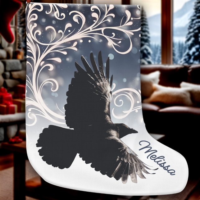 Raven In Flight Wintery Blue White Swirl Elegant Large Christmas Stocking (Raven flight dark blue with magical white swirls, nature lovers Winter Solstice Christmas Stocking)
