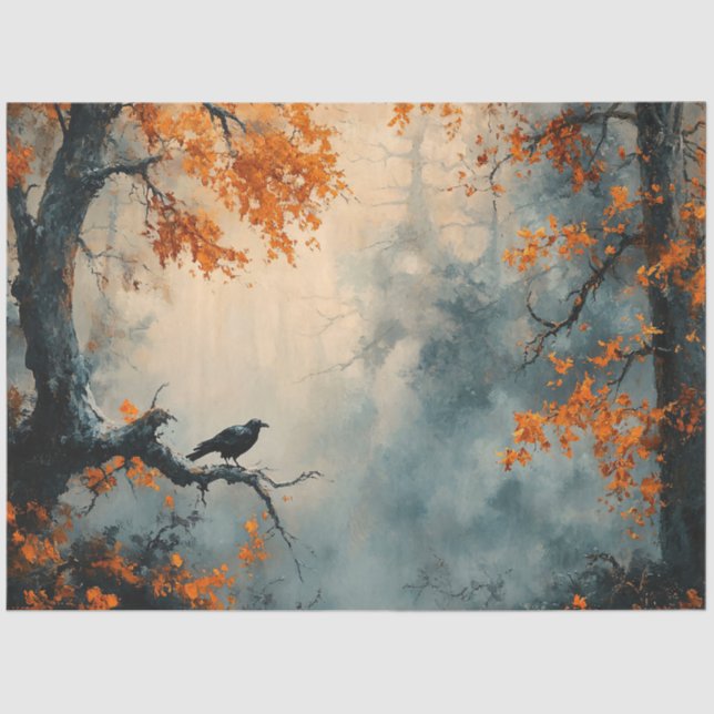 Raven in Misty Autumn Forest Decoupage Tissue Paper (Front)