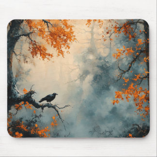 Raven in Misty Autumn Forest Mouse Pad