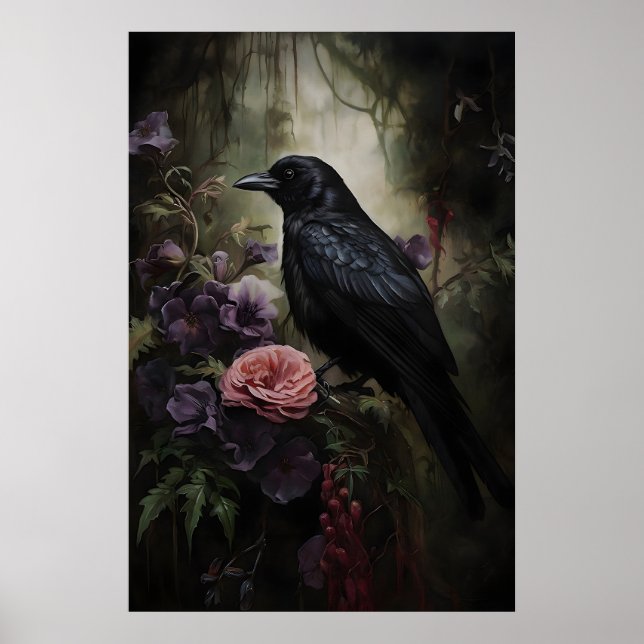 Raven In Moody Floral Forest Printable, Crow Poster (Front)