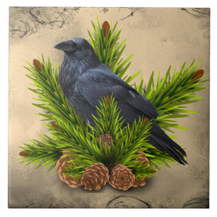 Raven in Pine Tree Trivet Decorative Ceramic Tile