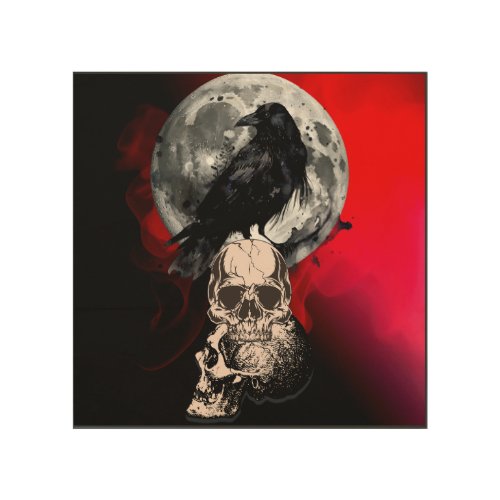 Raven in Red Fog Wood Wall Art
