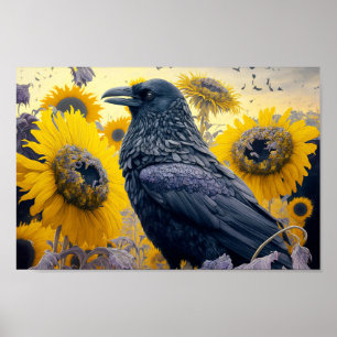Raven in Sunflower Field Poster