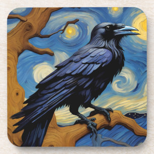 Raven in the old oak tree in the starry night beverage coaster