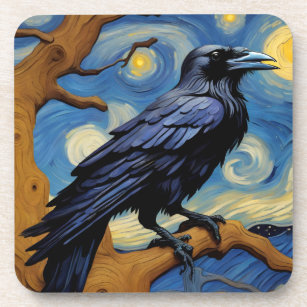 Raven in the old oak tree in the starry night  beverage coaster