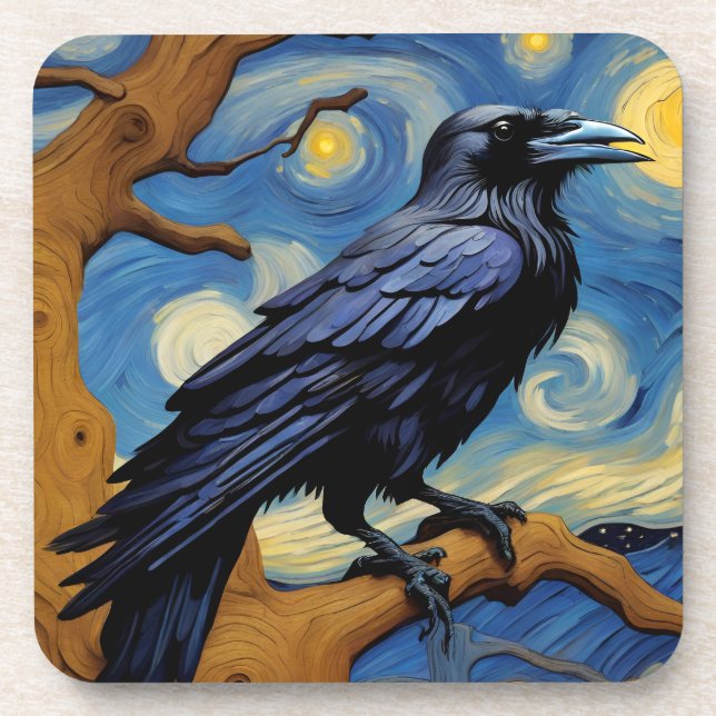 Raven in the old oak tree in the starry night  beverage coaster (Front)