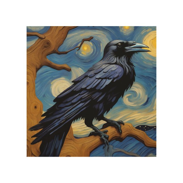 Raven in the old oak tree on a starry night  wood wall art (Front)