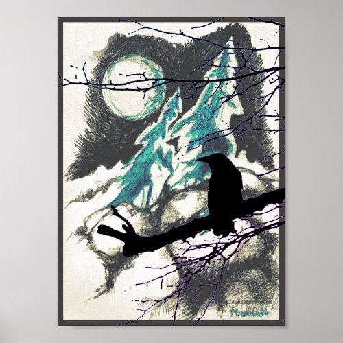 Raven in the woods the Moon and branches Poster