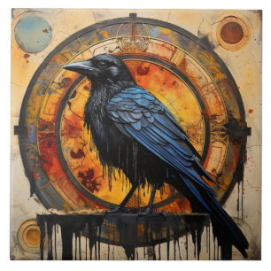 Raven Inspired Bird with Amber Clockwork Ceramic Tile