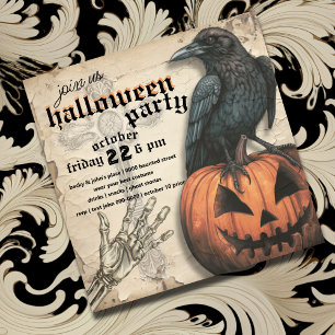 Raven Jack o Lantern Skeleton Hand Halloween Invitation
