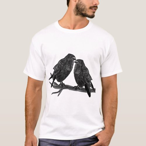Raven love crow bird on branch family art T_Shirt