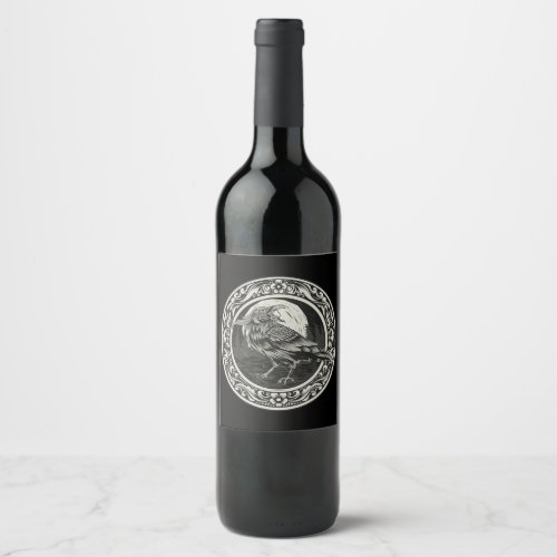 Raven Medallion Carving Art Bird Nature  Classic  Wine Label