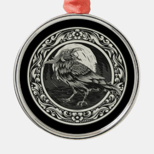 Raven Medallion Carving Art Bird Nature Metal Ornament