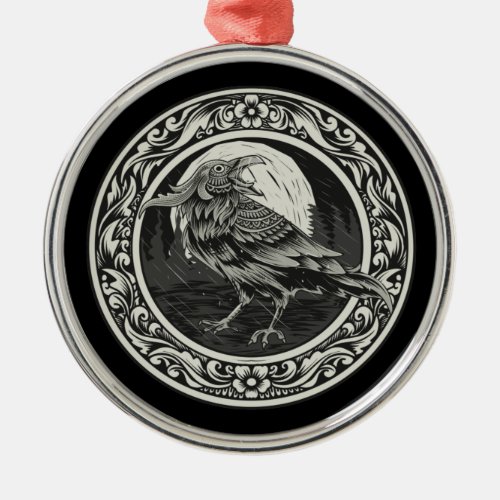 Raven Medallion Carving Art Bird Nature   Metal Ornament