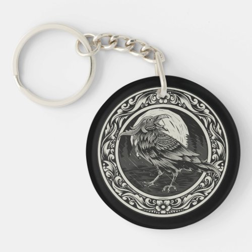 Raven Medallion Carving Art Bird Nature Nevermore  Keychain