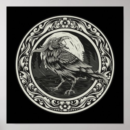 Raven Medallion Carving Art Bird Nature Poster