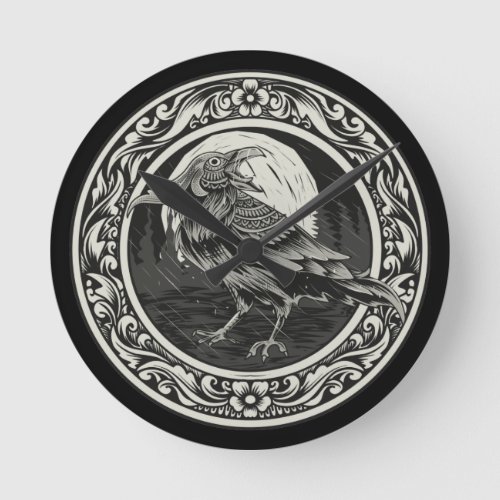 Raven Medallion Carving Art Bird Nature   Round Clock