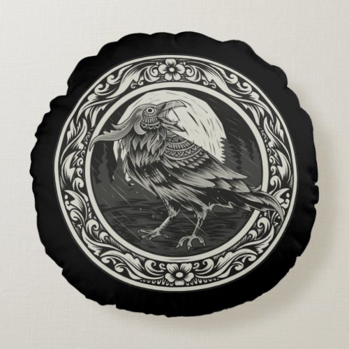 Raven Medallion Carving Art Bird Nature    Round Pillow
