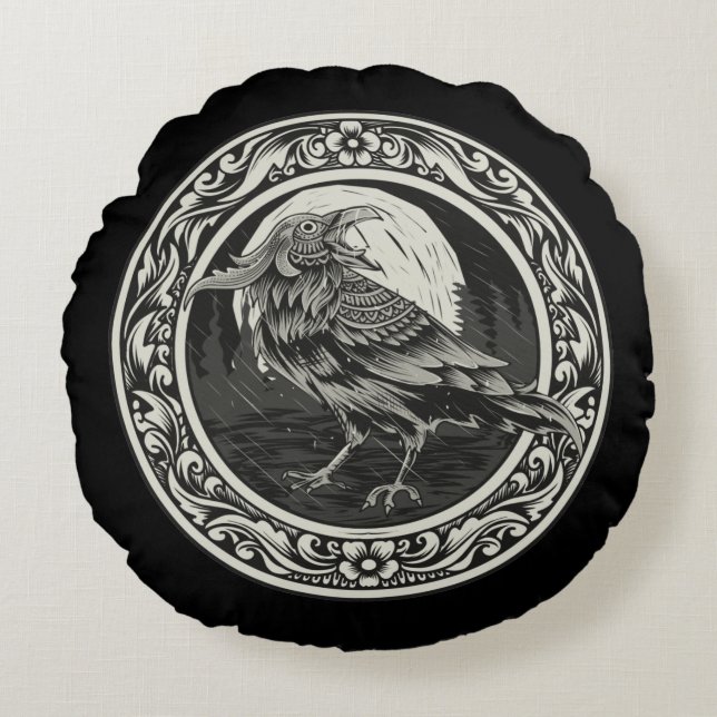 Raven Medallion Carving Art Bird Nature    Round Pillow (Front)