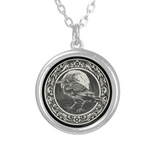 Raven Medallion Carving Art Bird Nature  Silver Plated Necklace