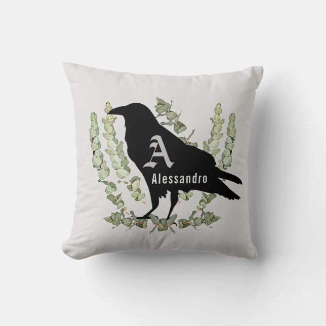 Raven Monogram Spirit Animal Totem White Throw Pillow (Front)