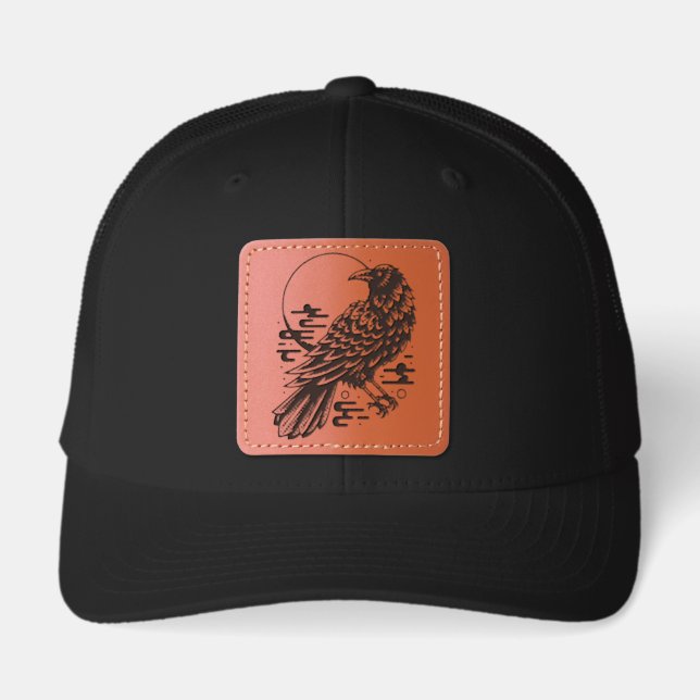Raven Moon Leather Patch Trucker Hat - Gothic (Front)