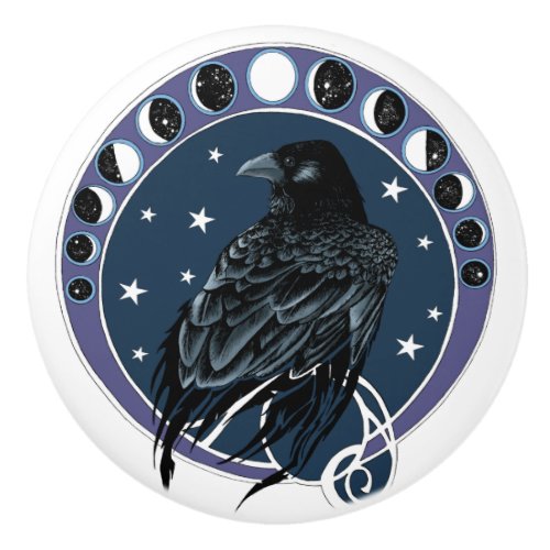 Raven Moon Phases Stars Blue Ceramic Knob