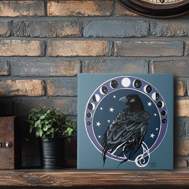 Raven Moon Phases Stars Blue Ceramic Tile (Creator Uploaded)