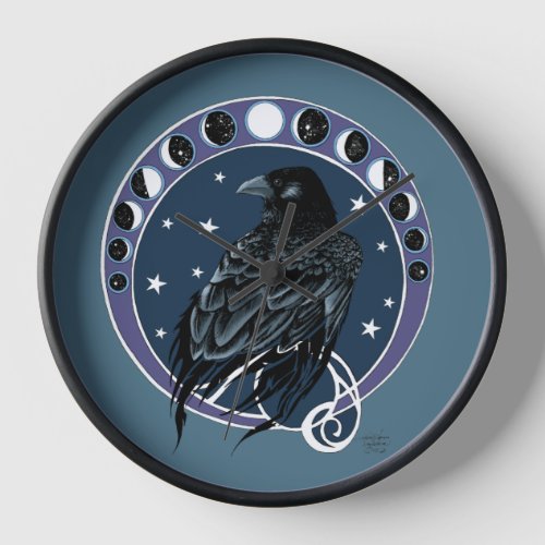 Raven Moon Phases Stars Blue Clock