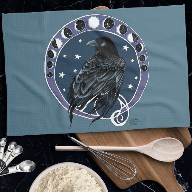 Raven Moon Phases Stars Blue Kitchen Towel (Creator Uploaded)