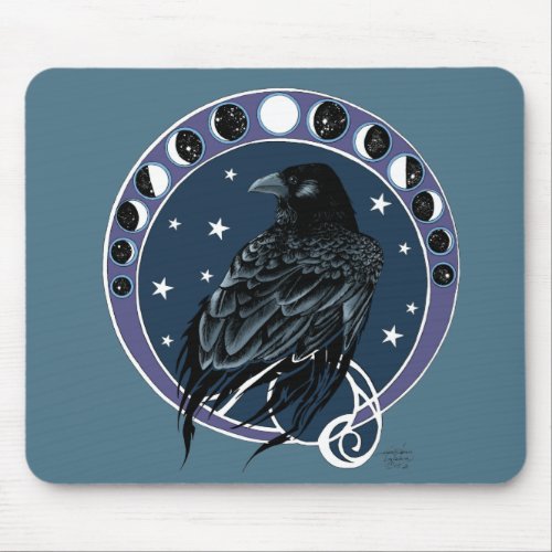 Raven Moon Phases Stars Blue Mouse Pad