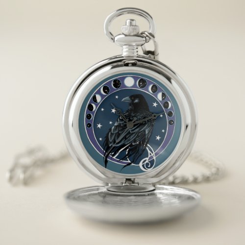 Raven Moon Phases Stars Blue Pocket Watch