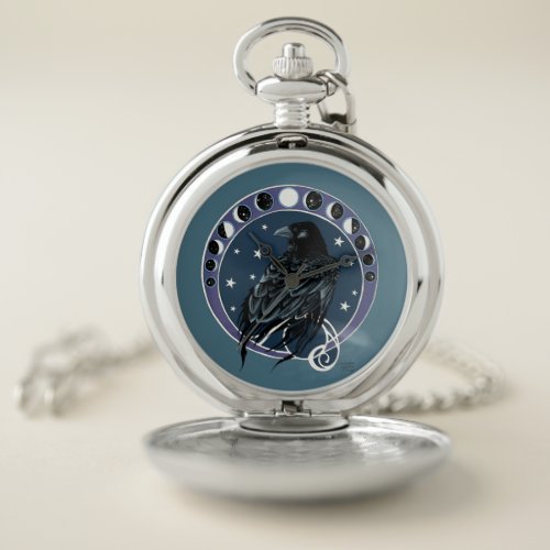 Raven Moon Phases Stars Blue Pocket Watch