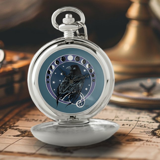 Raven Moon Phases Stars Blue Pocket Watch (Creator Uploaded)