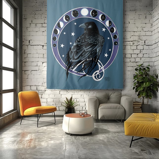 Raven Moon Phases Stars Blue Tapestry (Creator Uploaded)