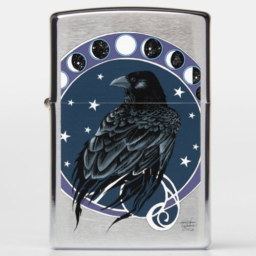 Raven Moon Phases Stars Blue Zippo Lighter