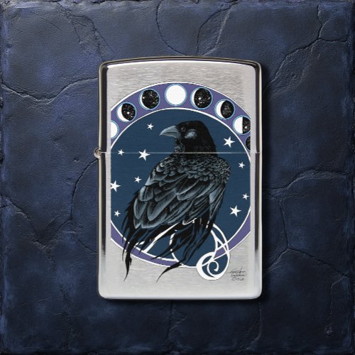 Raven Moon Phases Stars Blue Zippo Lighter