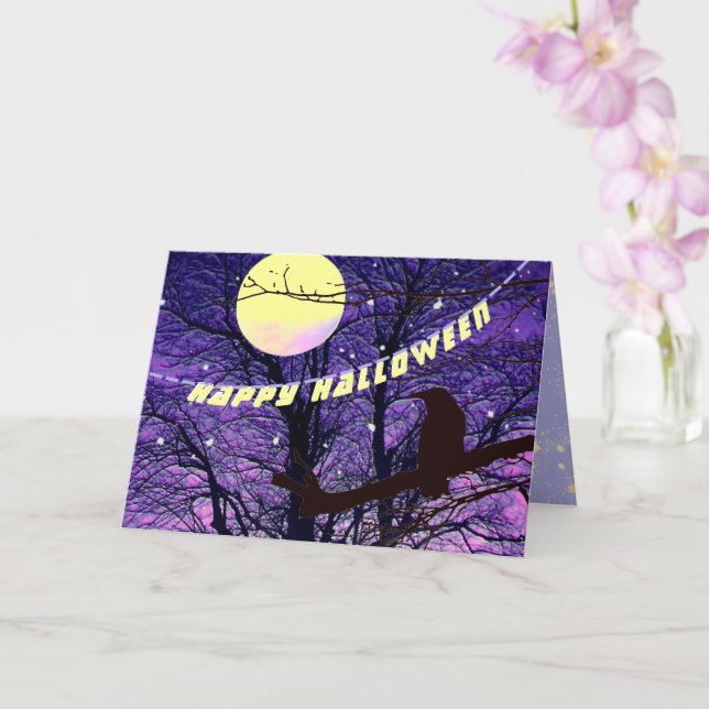 Raven, Moon, Sun, Stars Happy Halloween Card (Orchid)