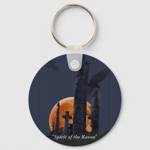 Raven, Moon & Totem Poles in Graveyard Keychain