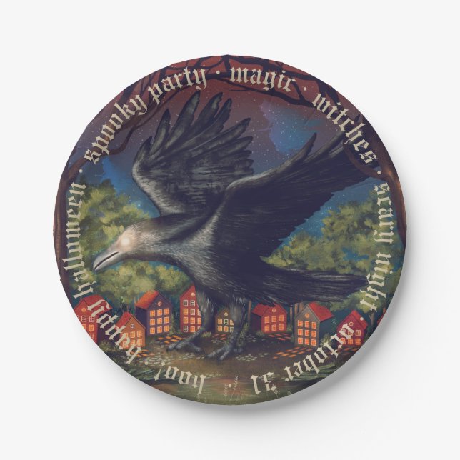 Raven Moonlight Witches Halloween Night Paper Plates (Front)