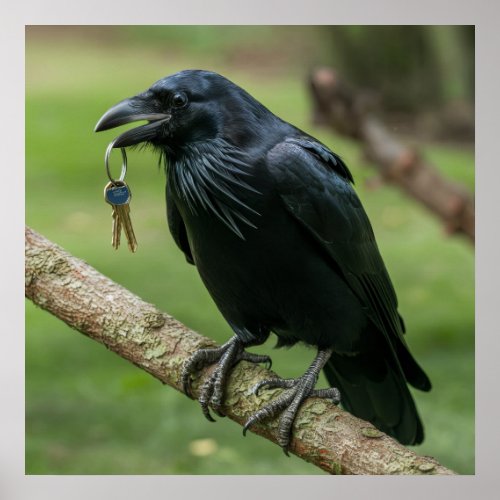 Raven on a Branch with Key Poster