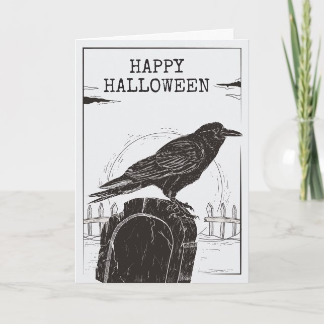 Raven on a Gravestone Halloween Greeting Card (Front)