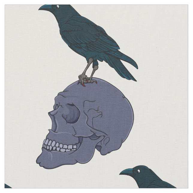 Raven On A Human Skull Fabric (Close Up)