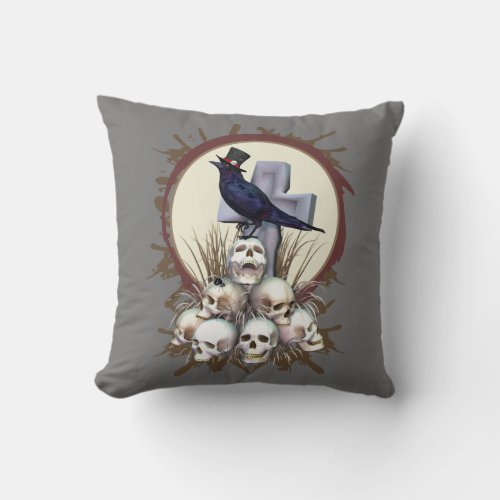 Raven on a Pile of Skulls Magical Throw Pillow