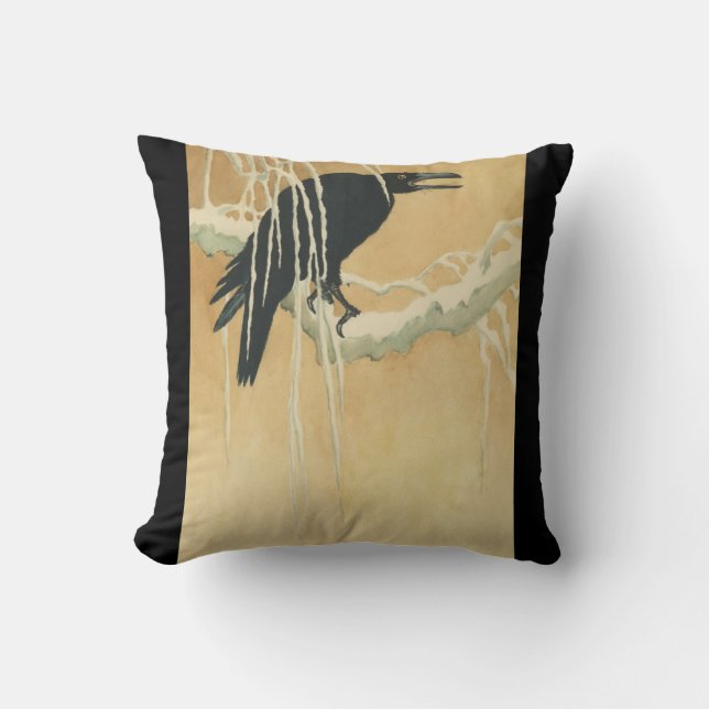 Raven on a tree branch throw pillow (Front)
