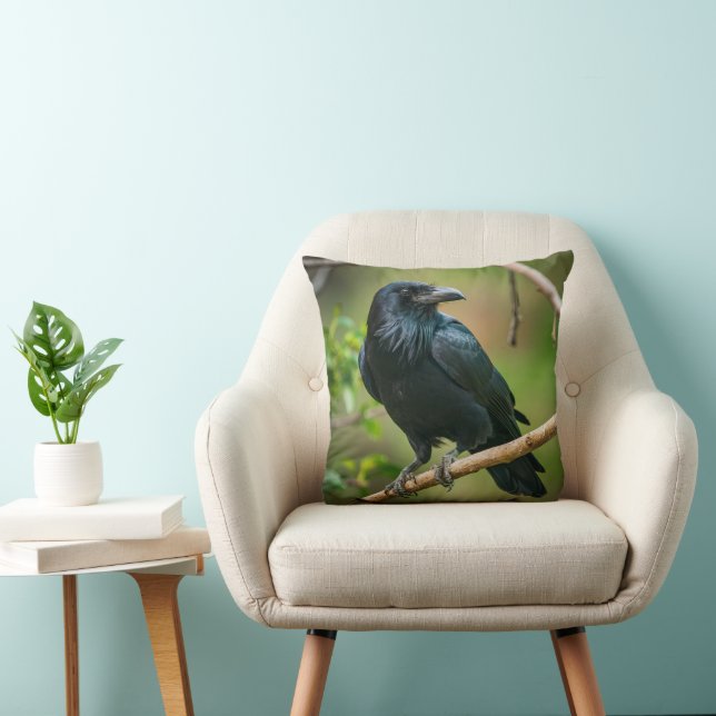 Raven on a Tree Branch Throw Pillow (Chair)