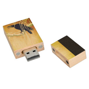 Raven on a tree branch wood flash drive